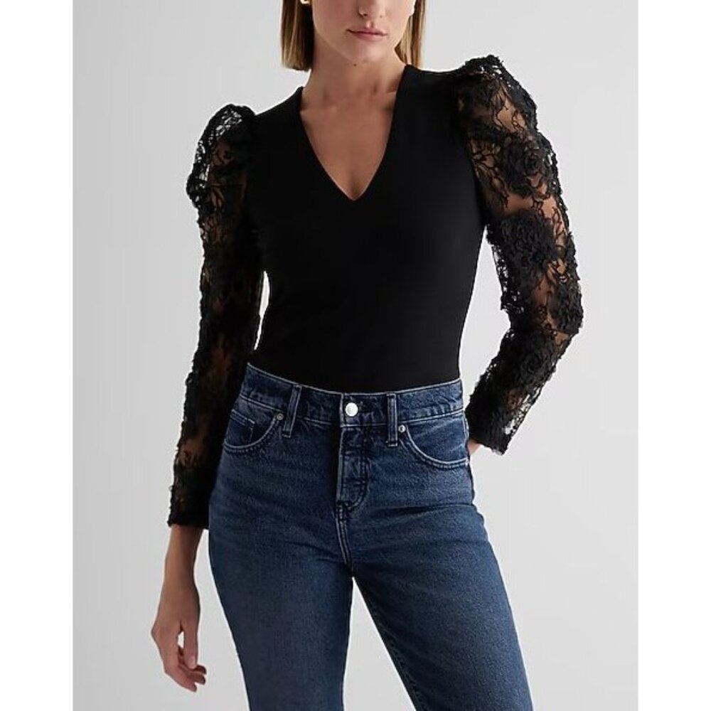 Express Womens XS Black Floral Mesh Long Sleeve Bodysuit V Neck Top